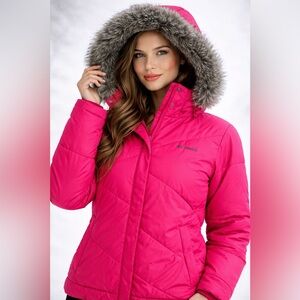 Columbia Omni-Shield Puffer Jacket Women’s Large Pink Faux Fur Hood Winter Coat